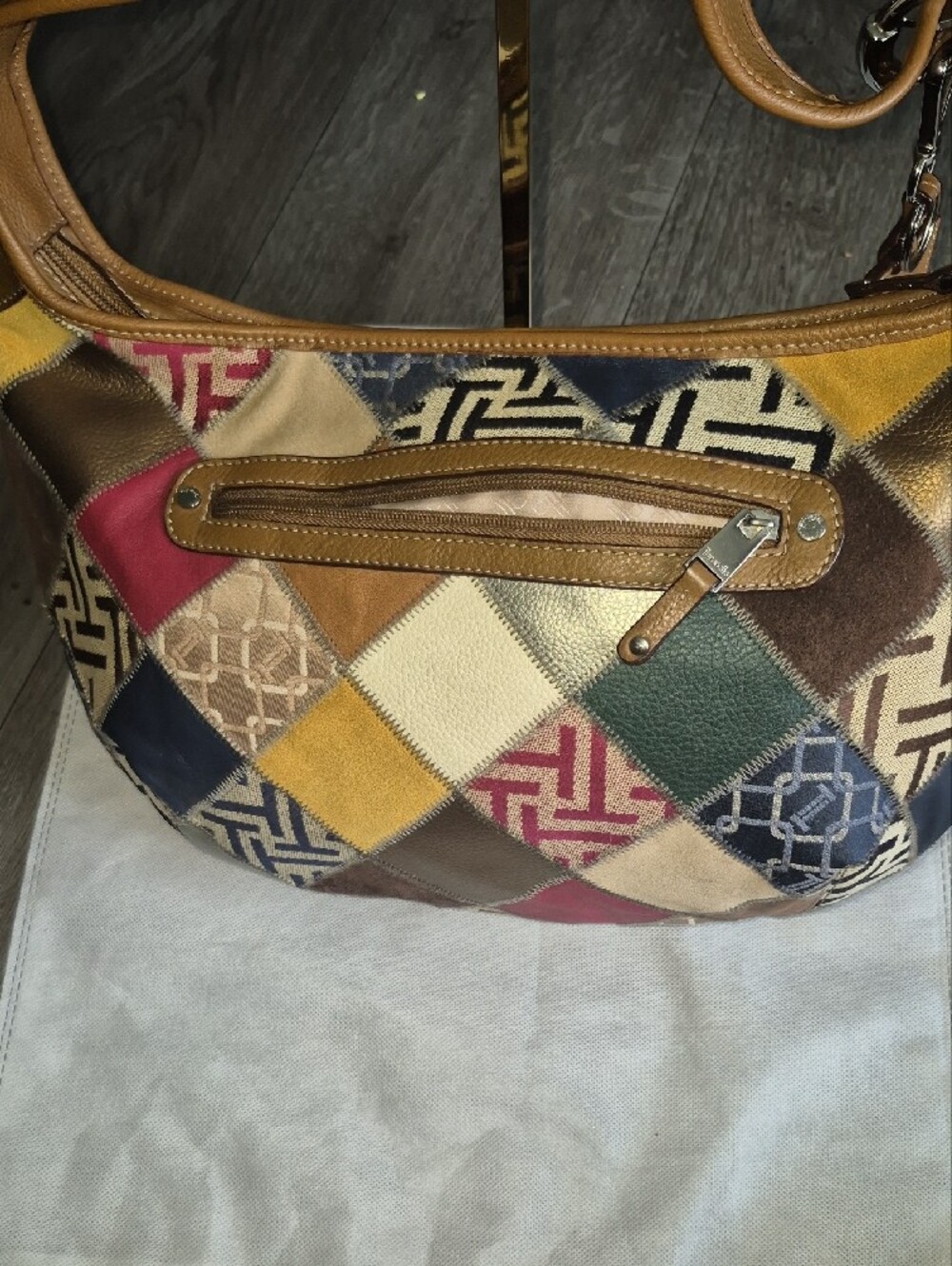 Tignanello Patchwork Multicolor Leather Shoulder Bag - Tan Strap - Picture 4 of 10
